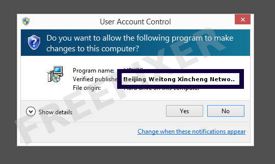 Screenshot where Beijing Weitong Xincheng Network Technologies Co., Ltd. appears as the verified publisher in the UAC dialog